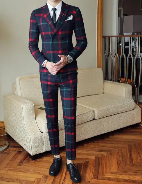Red with Green Plaid Приталенные мужские свадебные костюмы из 3 предметов, мужской смокинг, двубортный клетчатый Дизайнерский Костюм De Mariage Terno Cinza - Цвет: Red with Green Plaid