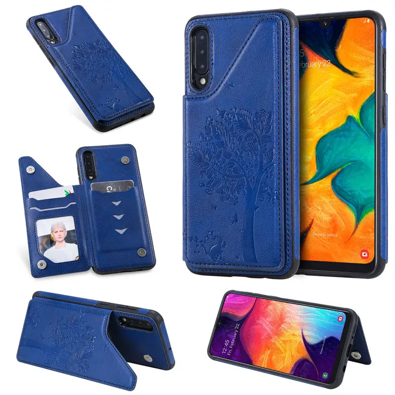

Cute Tree and cat pattern Luxury With card slot Case For Samsung Galaxy A50 Shockproof Retro Leather Soft TPU Cover Shell Coque