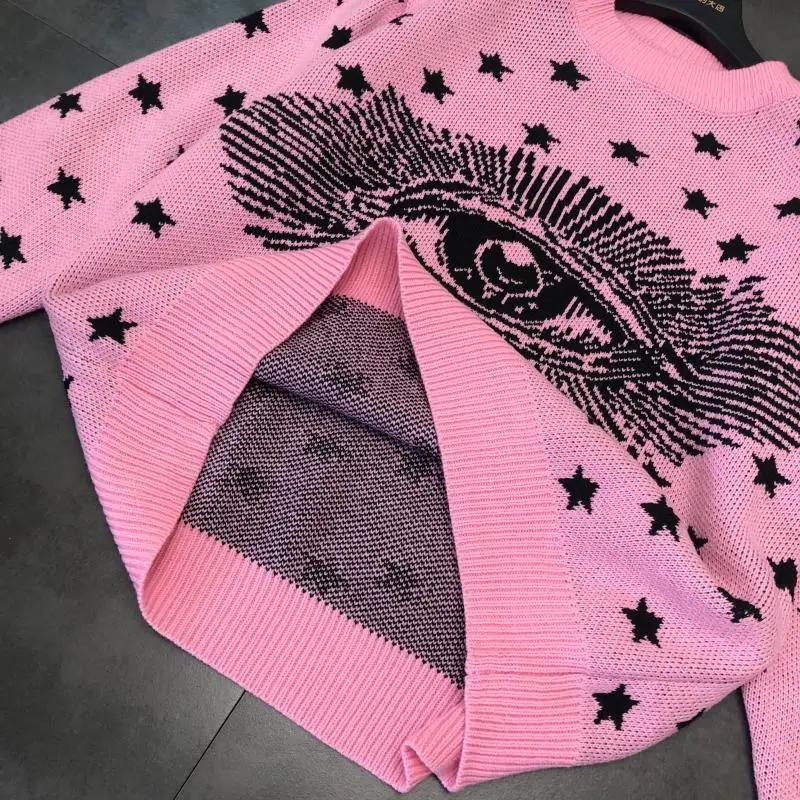 Осень большой глаз звезда шаблон дизайн уличный тренд Свободный вязаный свитер для женщин