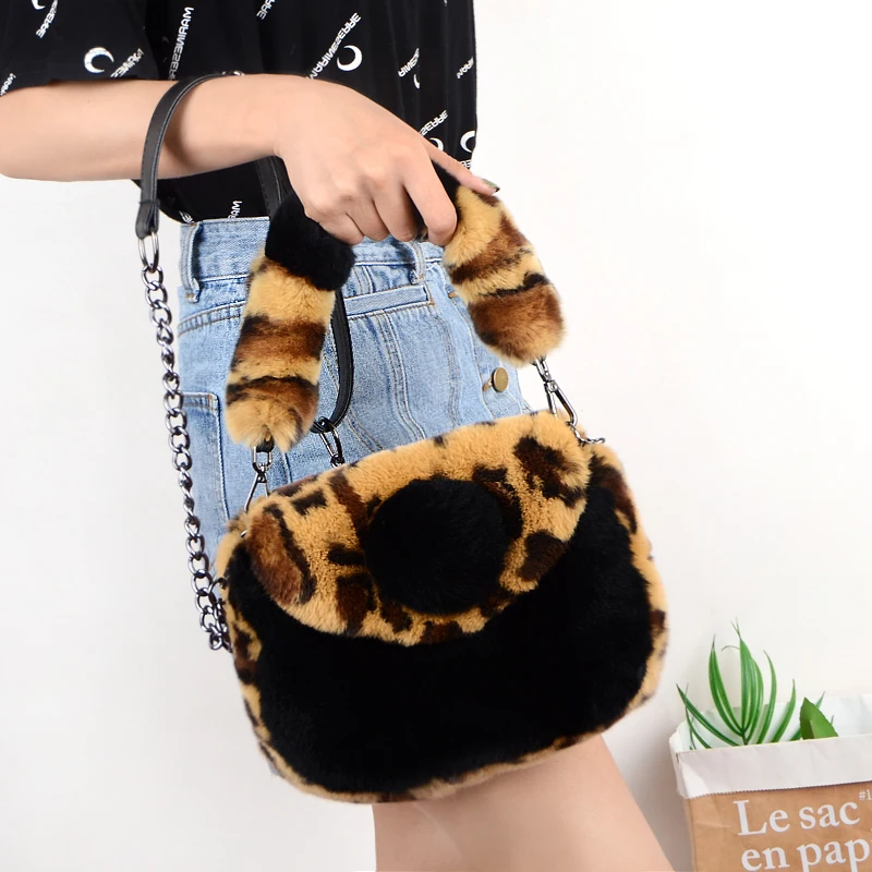 

New style fashion Rex rabbit fur plush leopard print fur bag shoulder portable Korean style lady's bag