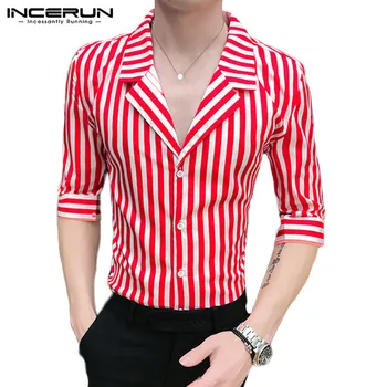 

Fashion Striped Dress Shirt Men Casual Lapel Clubwear Half Sleeve Streetwear Chic Party Shirt Men Camisa Masculina 2020 INCERUN