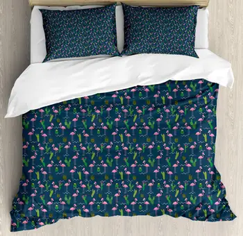 

Dark Pink Duvet Cover Set Tropical Flamingos and Cactus Plantation 3 Piece Bedding Set Dark Slate Blue Pastel Pink Green