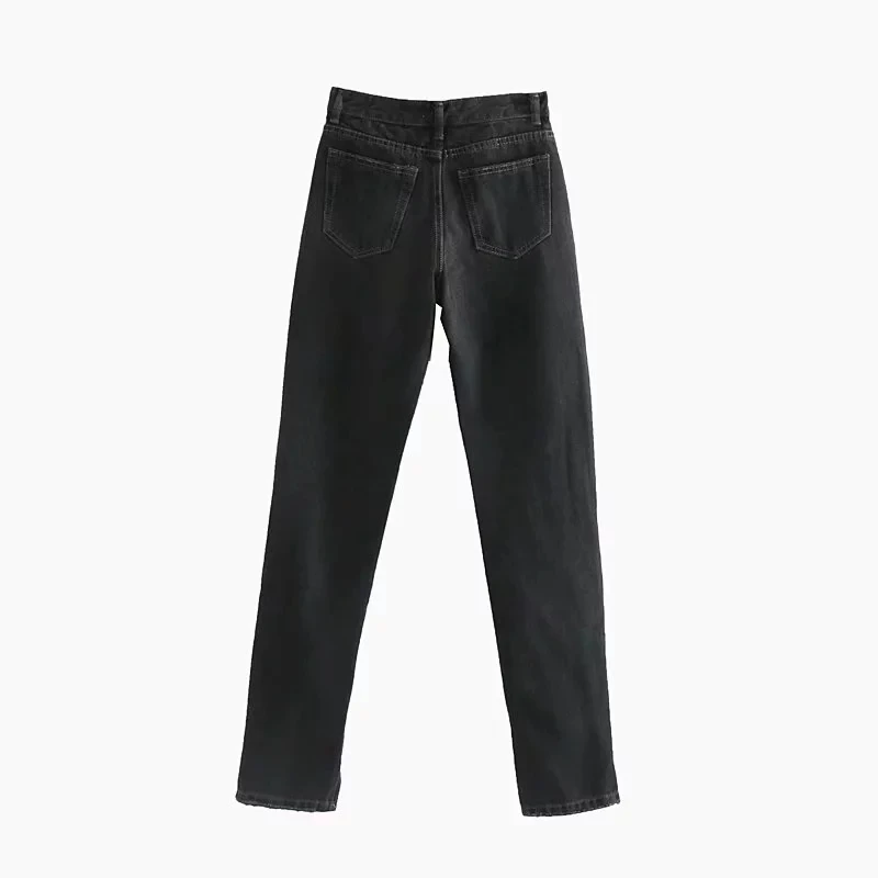Withered england simple high street Fork opening straight black woman regular high waist jeans boyfriend jeans for women
