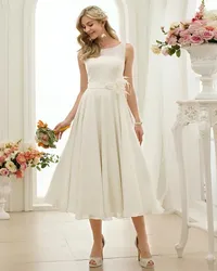A-Line White Wedding Dresses 1950s Bateau Neck Tea Length Chiffon Bridal Gown with Flower Sash Vestido De Noiva Robe Mariage