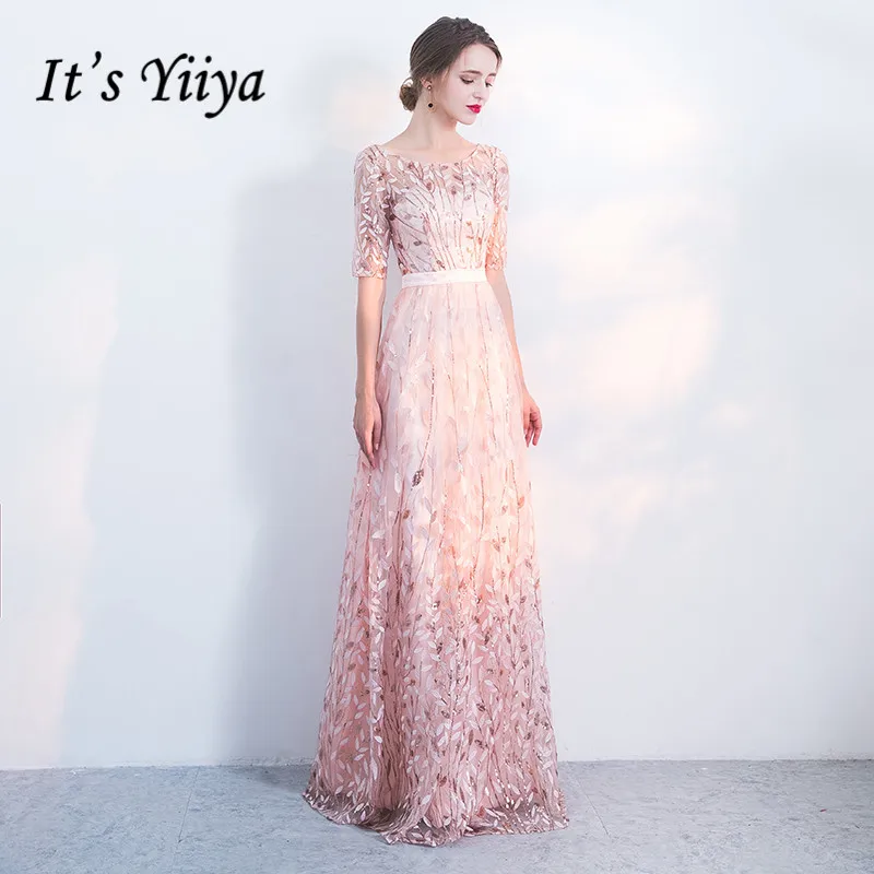 Это Yiiya вечернее платье, элегантные вечерние платья с вышивкой, с круглым вырезом, размера плюс, вечерние платья, длинные платья с коротким рукавом, robe de soiree LF176 - Цвет: Розовый
