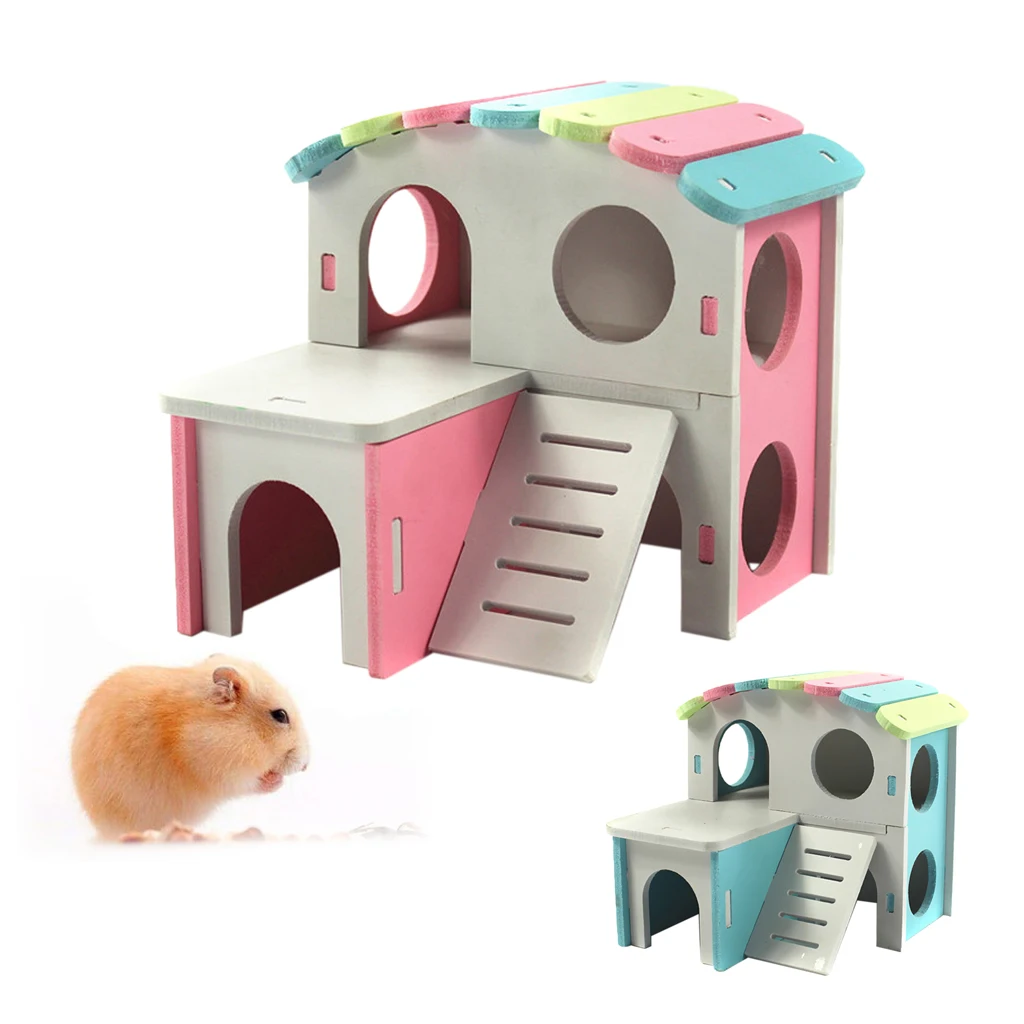 Small Pet Guinea Pig Hamster House Wooden Cabin Climb Play House Cage Toy
