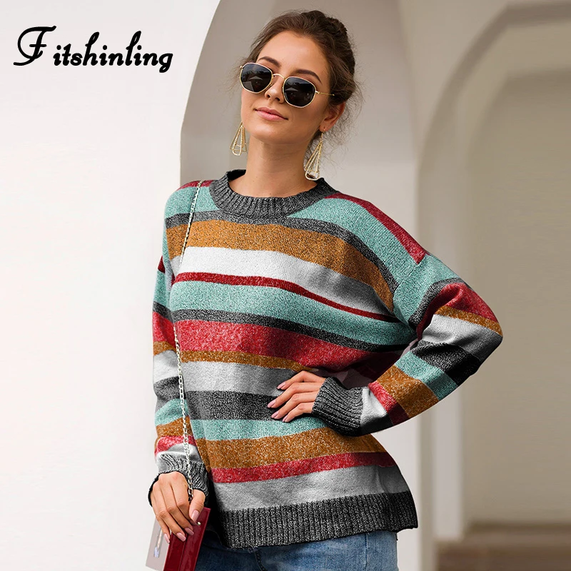 

Fitshinling Autumn Winter Striped Sweater Female Colorful Slim Knitted Sweaters For Women Pullovers Korean Pull Femme Jumpers