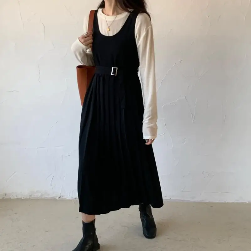 

Women Tank Winter Long Pleated Dress Plus Size Sukienki Ladies Sleeveless High Waist Korean Vintage Ropa Mujer Casual Party Robe