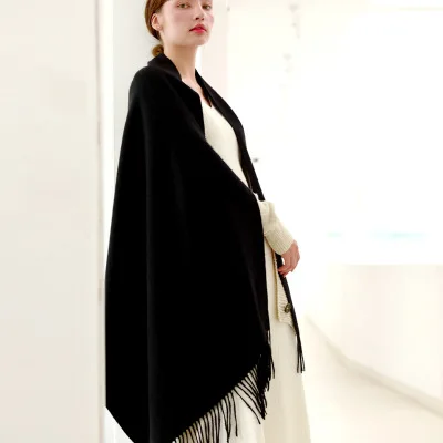Black Wool Scarf Натуральный шерстяной шарф Зимний женский брендовый коричневый шарф из пашмины с кисточками однотонные шарфы из мериносовой шерсти теплые шарфы для женщин - Цвет: Black Wool Scarf