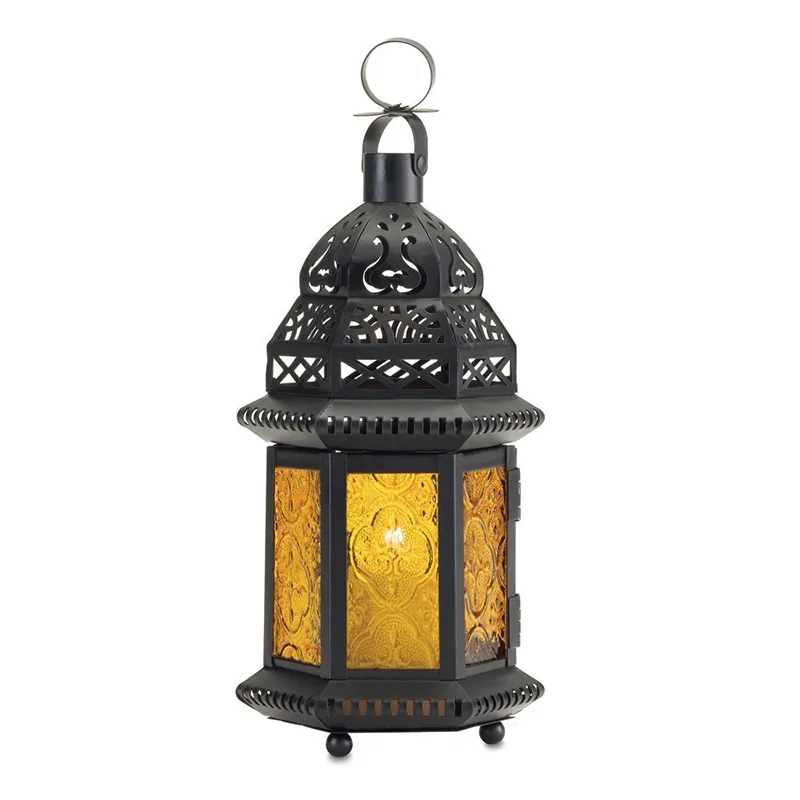 moroccan lanterns Металлический стеклянный свечной фонарь, марокканский стиль портативный подсвечник в форме павильона подвесной светильник ветровой фонарь - Цвет: moroccan lanterns