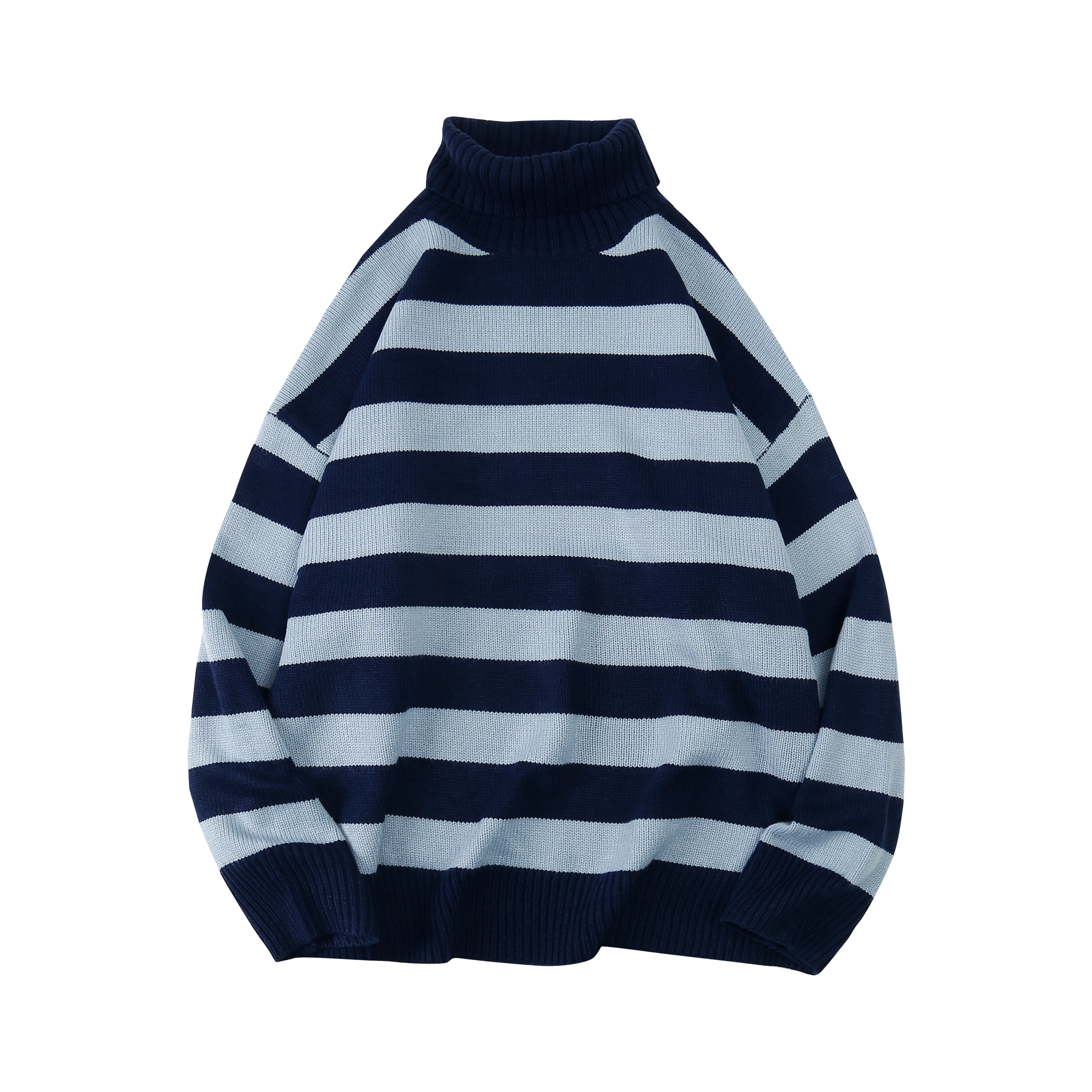 Navy Blue Зимний толстый свитер мужской теплый модный Контрастный ЦВЕТНОЙ Повседневный вязаный пуловер Мужской Свободный Полосатый свитер Мужская одежда M-2XL - Цвет: Navy Blue