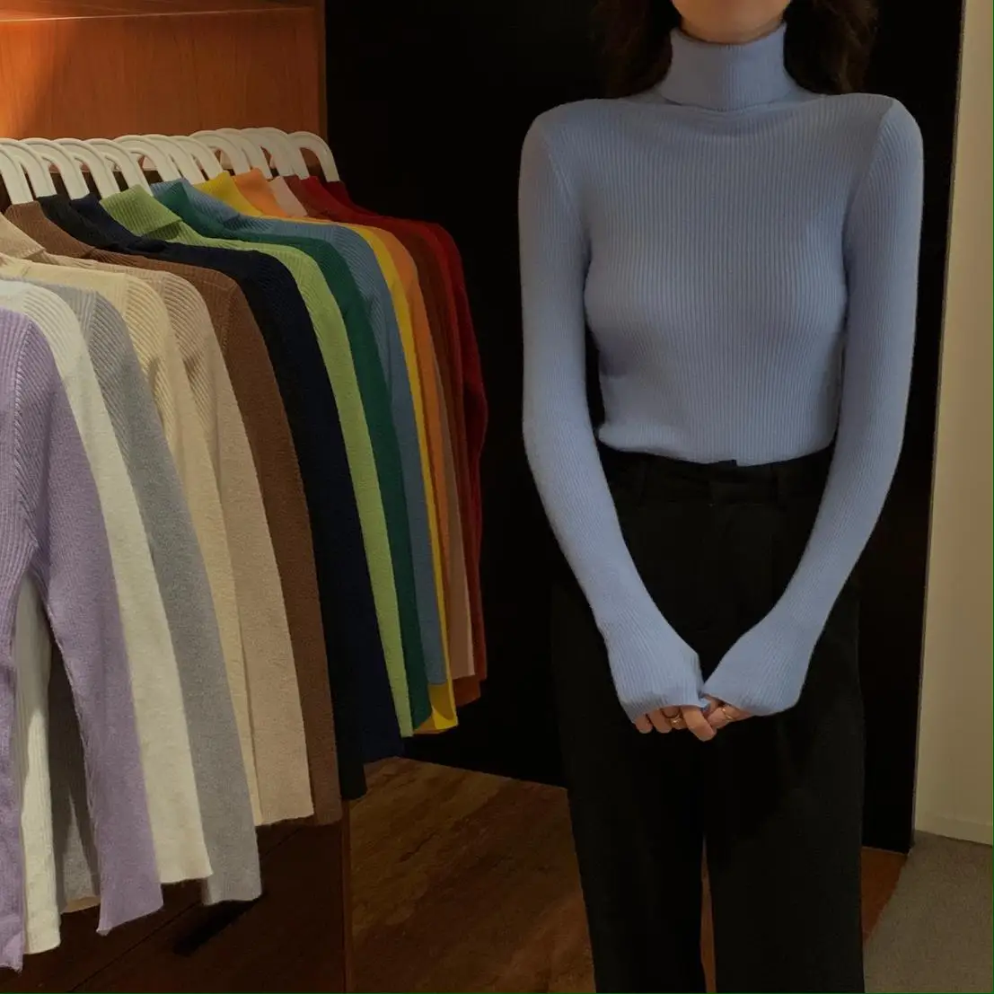 

2020 New Winter Versatile High Collar Multi Color Slim Fitting Long Sleeve Knitted Bottoming Shirt Casual Women's Top