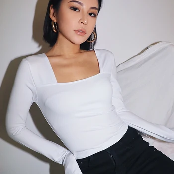 

2019 new fashion women's clothing Sexy temperament square collar long sleeve short T-shirt female elastic tight wild