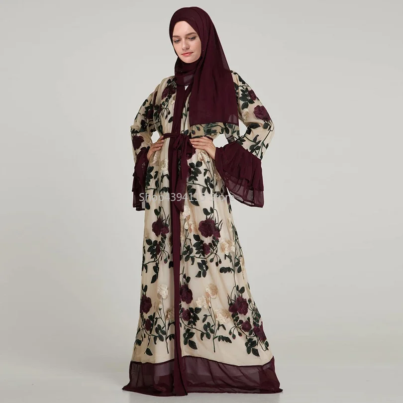 Роскошные мусульманские вышитые цветочные abaya Полные платья с рукавом клеш