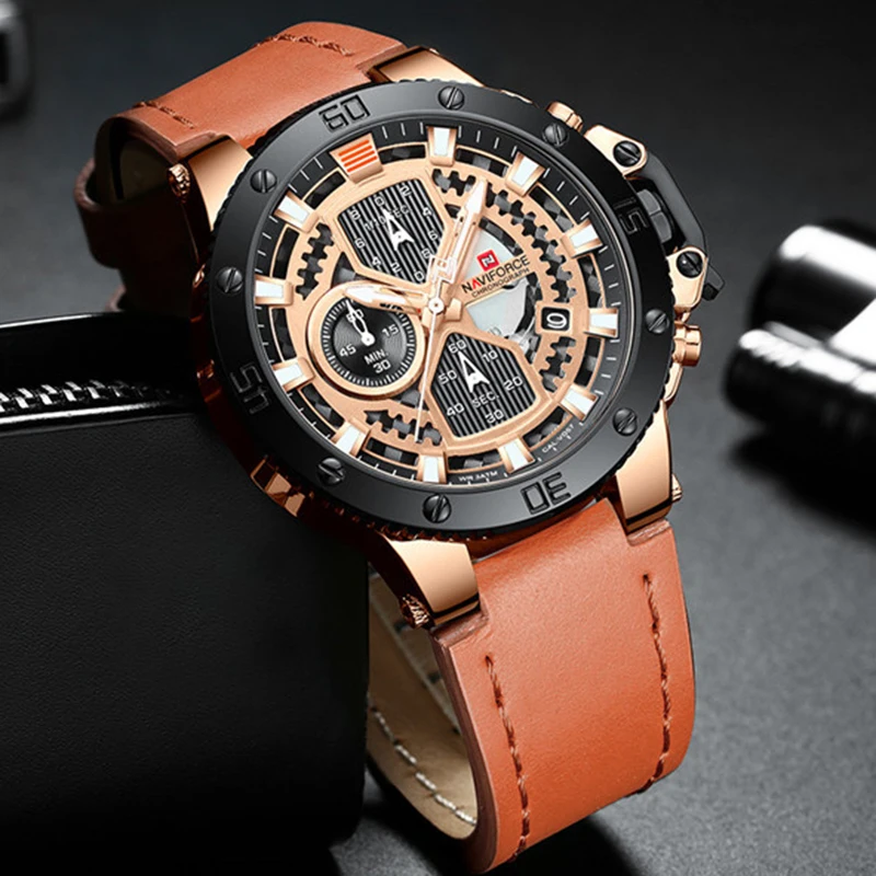 NAVIFORCE модные часы мужские спортивные кварцевые кожа бизнес Топ бренд класса люкс