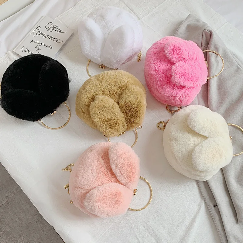 

New Style Fashion Plush Rabbit Eared Bag with Chain Versatile Cute Soft Adorable Rabbit Shoulder Hand Maomao Bag