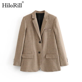 

HiloRill Casual Single Breasted Blazer Women Houndstooth Plaid Long Sleeve Suit Notched Collar Office Ladies Tweed Jacket Coats