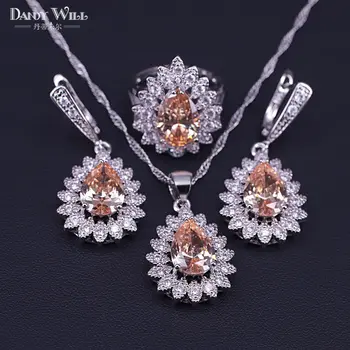 

Water Drop Square silver color jewelry set necklace-earrings-ring set Champagne cubic zircon jewelry set free shipping