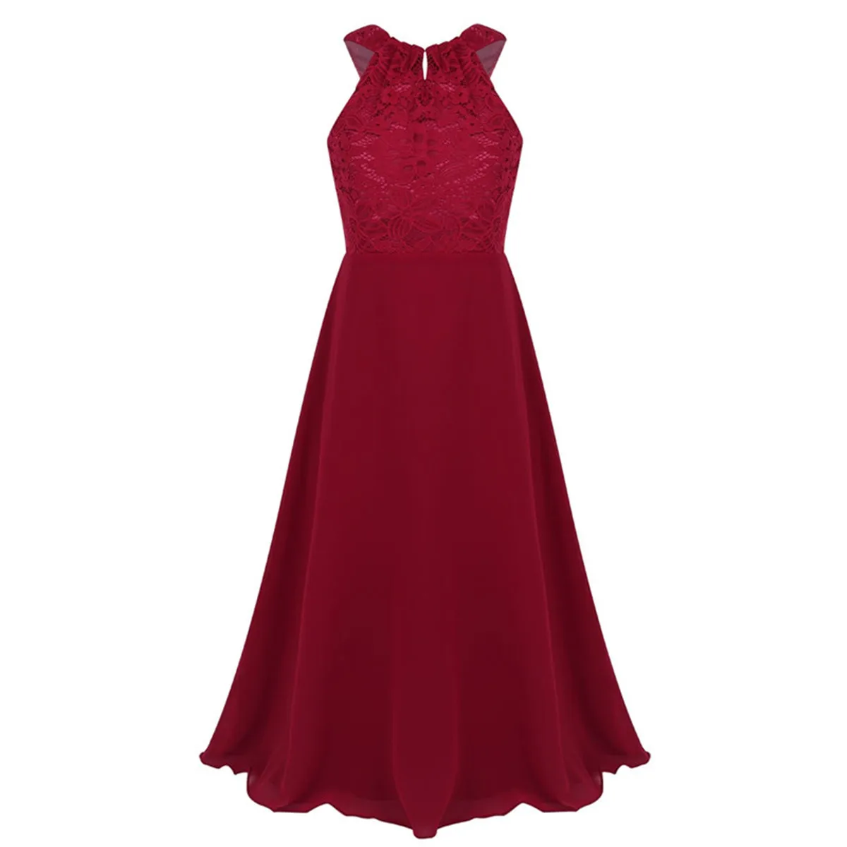 Little Bridesmaid Dress Kids Halter Maxi Long Dress Prom Ball Gown Lace Chiffon Flower Girls Dresses