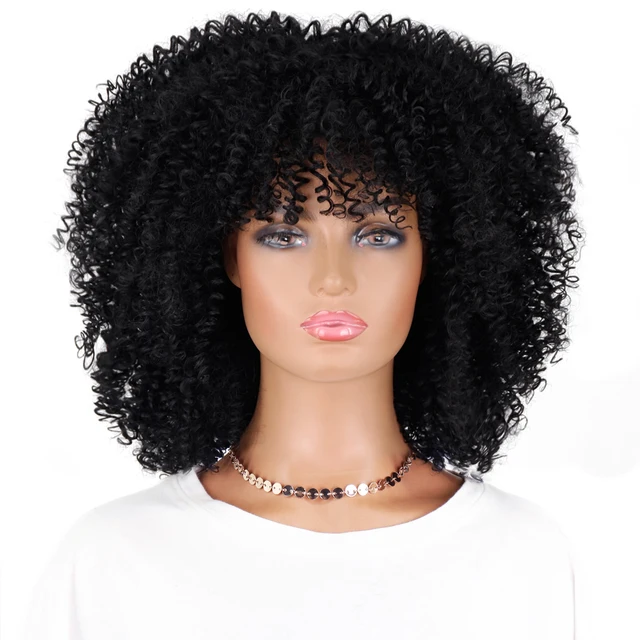 LINGHANG Short Hair Afro Kinky Curly Wigs With Bangs For Black Women African Synthetic Omber Glueless Cosplay Wigs Gradient Hair NC/4HL