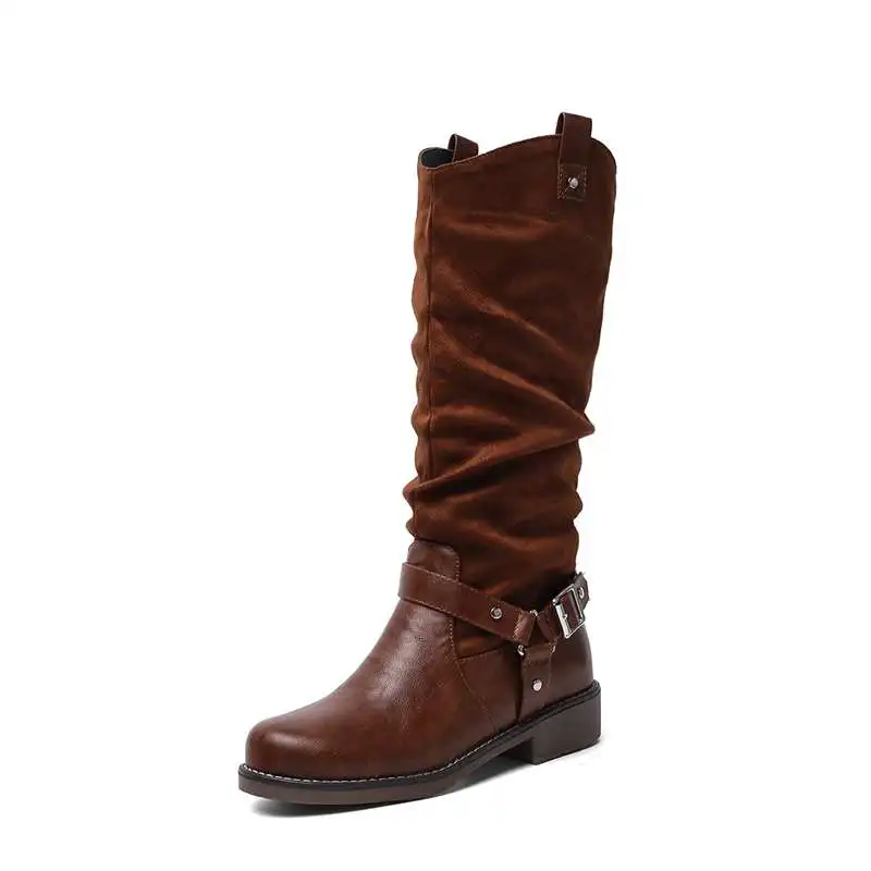ASILET/Большие размеры 34-48; женские ковбойские сапоги до колена в стиле ретро; гофрированная обувь с пряжкой; женские винтажные ботильоны с отворотами - Цвет: Brown velvet inside