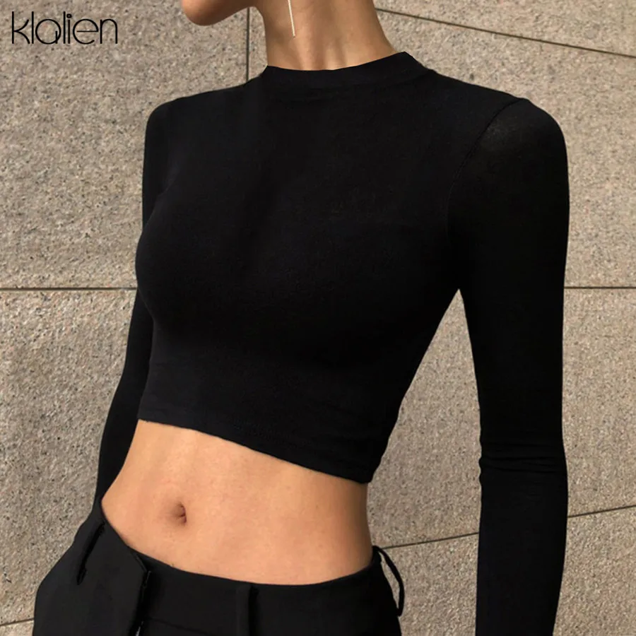 KLALIEN осенне-зимняя модная женская Повседневная Уличная футболка с круглым вырезом, одноцветная футболка с длинными рукавами, ретро короткий тонкий Топ