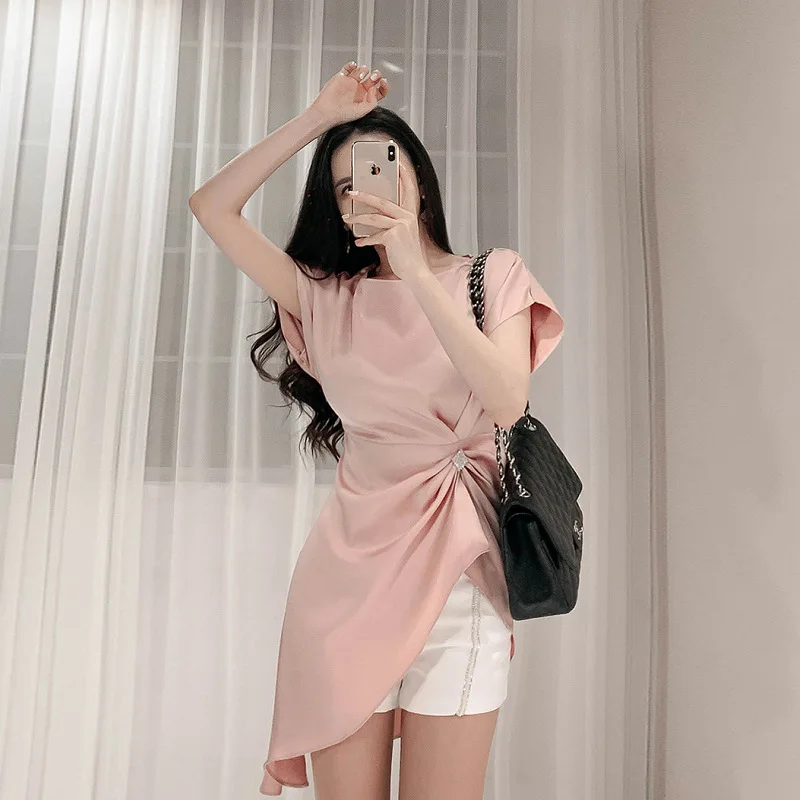 

2019 Korean-style Slim Fit Soft with Sleeves Tops Waist Hugging Light Diamond Decoration Shorts Two-Piece Set
