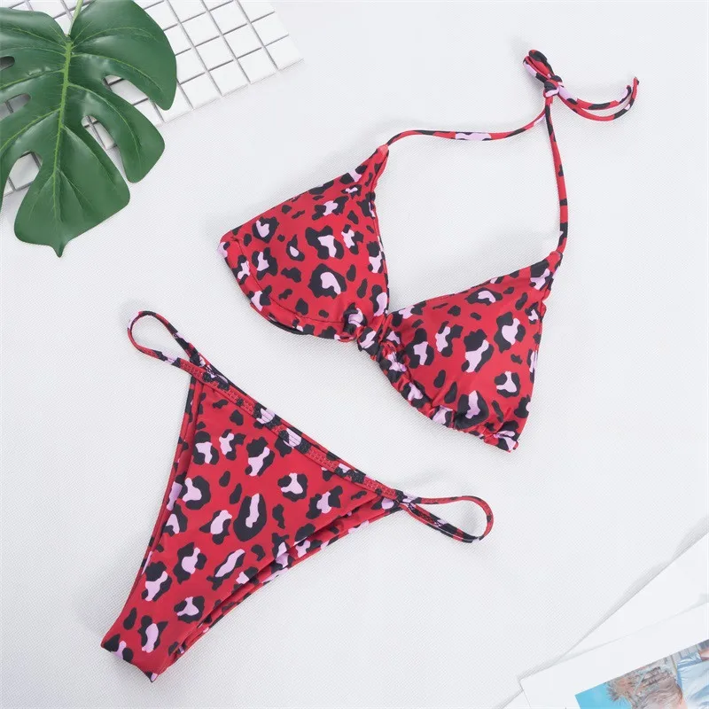 Red leopard 9 цветов, Одноцветный бикини, набор,, сексуальный пуш-ап купальник, Женский бразильский купальник, низкая талия, бикини, Холтер, два предмета, купальник - Цвет: Red leopard