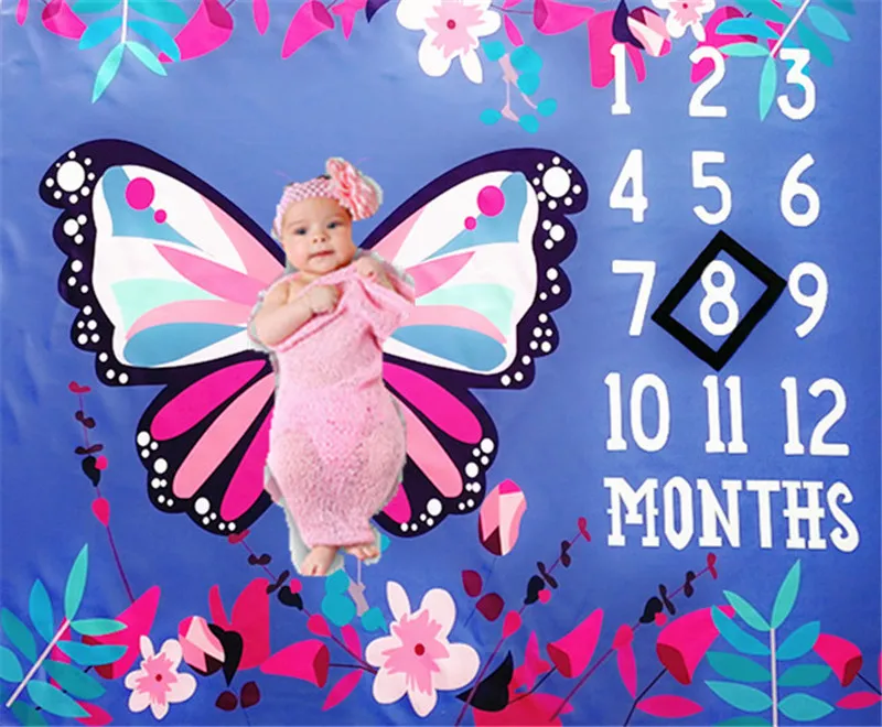 Butterfly Baby Monthly Growing Milestone Blanket Newborn Photography Props Infant Photo Shoots Calendar Backdrop Cloth  (4)