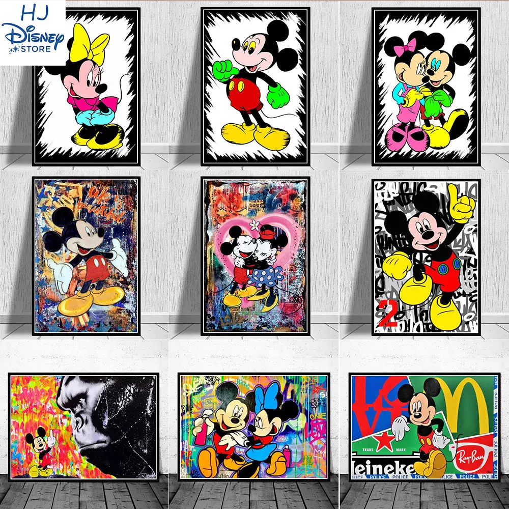 

Graffiti Paintings Mickey Minnie Hold Hand Anime Poster Prints Cartoon Black and White Picture on the Canvas for Home Decoratio