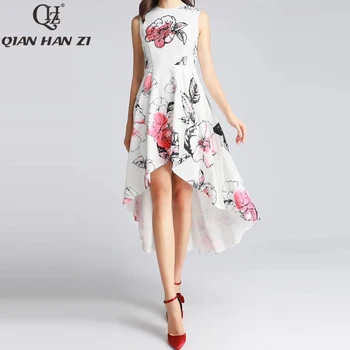 

Qian Han Zi 2020 Spring Summer Designer Fashion Dress Women's Sleeveless Elegant Flower Print Slim Sequined Beaded Party Dress
