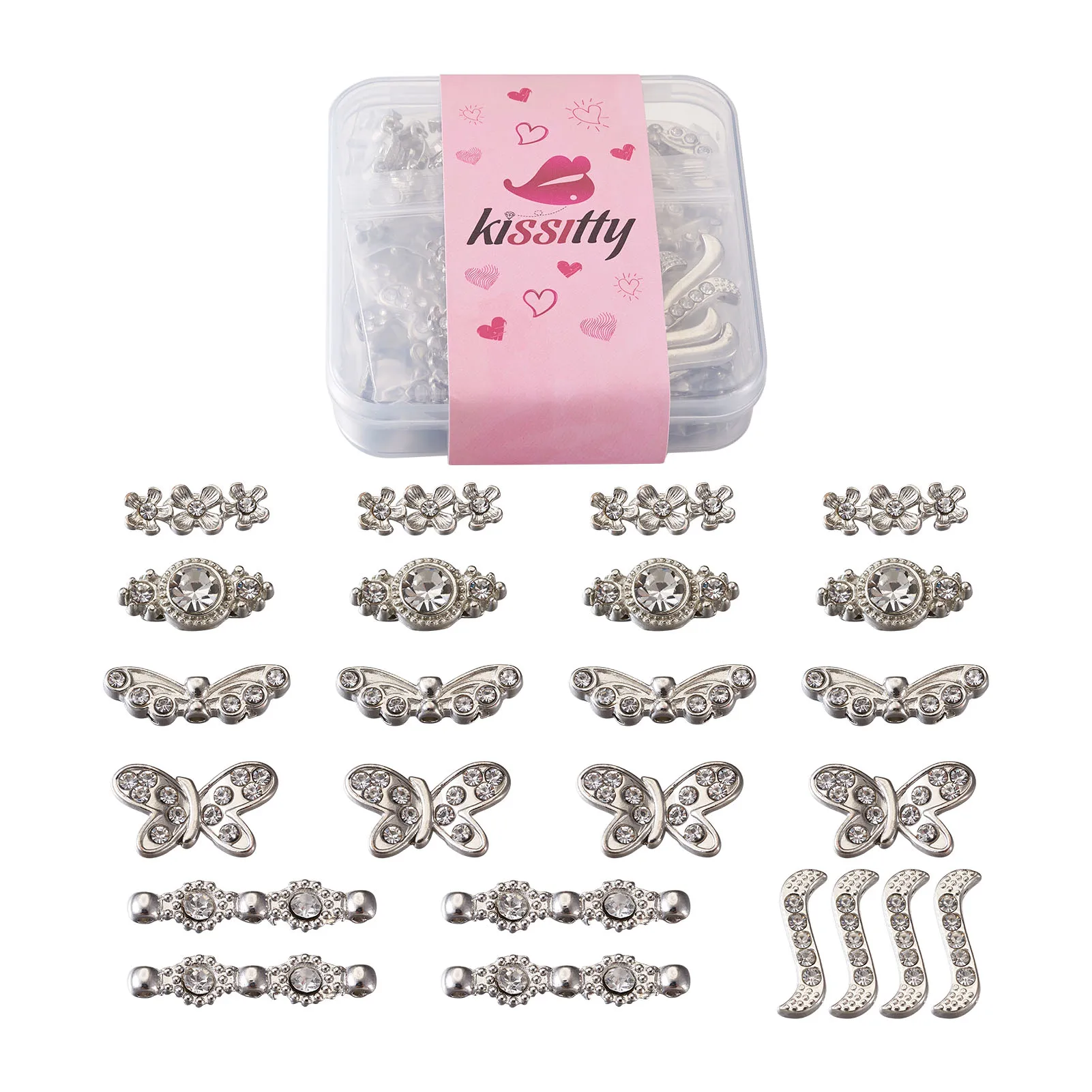 

60Pcs Butterfly Flower Alloy Crystal Rhinestone Spacers Bars Links Connectors for Women DIY Bracelet Jewelry Making Supplies