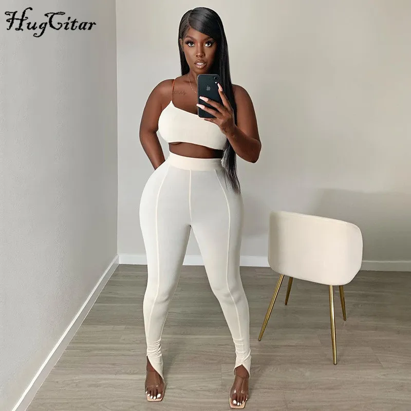 Hugcitar 2020 sleeveless one-shoulder crop tops leggings 2 pieces set summer women fashion streetwear outfits tracksuit Hugcitar 2020 sleeveless one-shoulder crop tops leggings 2 pieces set summer women fashion streetwear outfits tracksuit