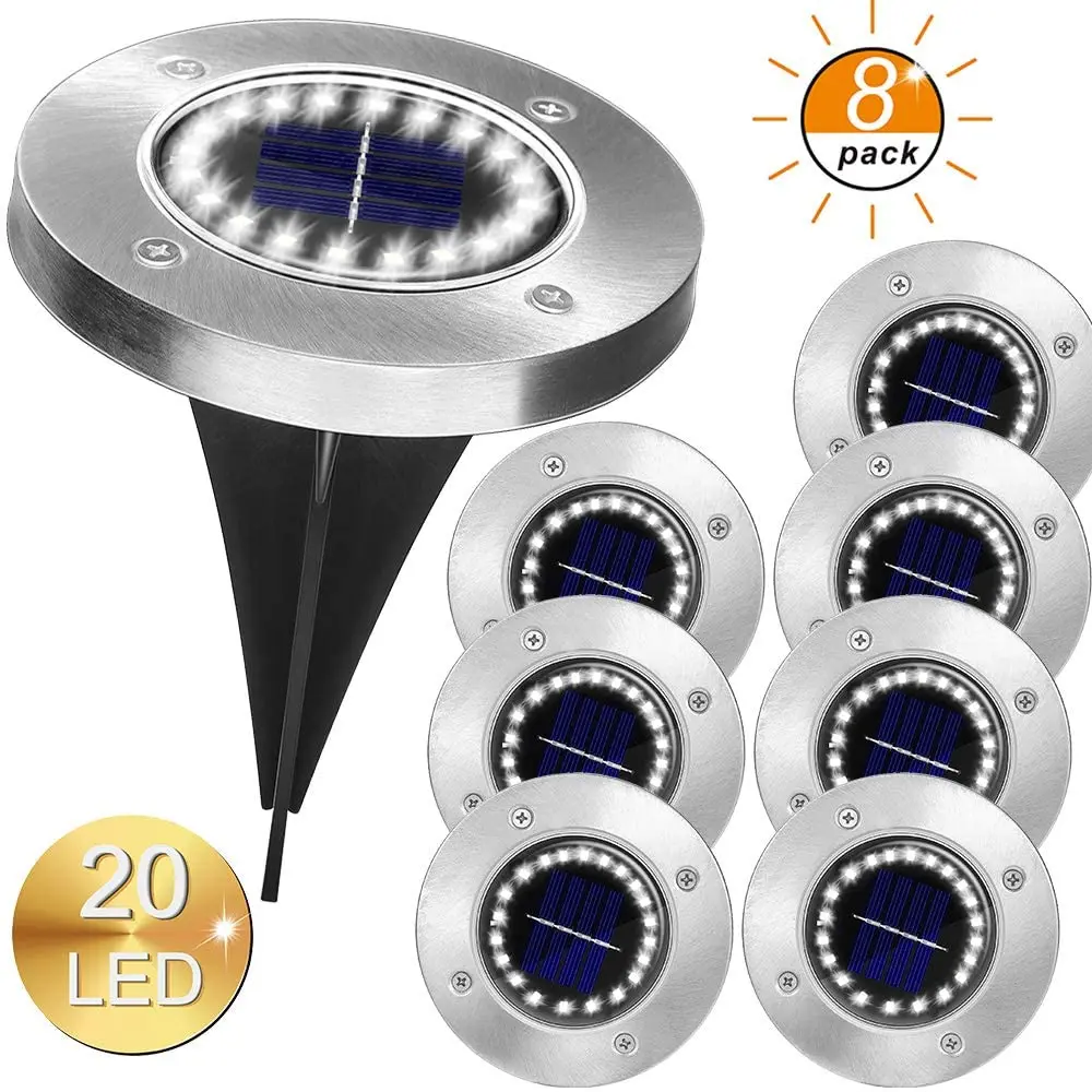 20 LED Solar Garden Lights Waterproof Solar Garden Disk Lights with Light Sensor Landscaping for Pathway Driveways Patio-8 Pack