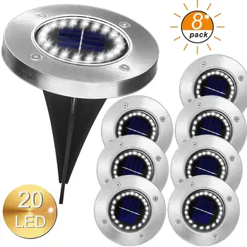 

20 LED Solar Garden Lights Waterproof Solar Garden Disk Lights with Light Sensor Landscaping for Pathway Driveways Patio-8 Pack