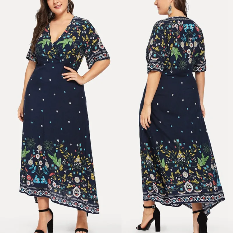 Летнее платье большого размера женское 4XL 5XL 6XL 7XL 8XL сексуальное с глубоким V коротким рукавом позиционирование печати модное платье бюст 132 см