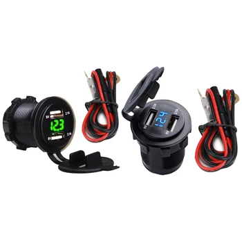 

2 Set 4.2A Car 2 Port Dual USB Charge Adapter Cigarette Lighter Socket LED Voltmeter with Waterproof Cover Green &Blue