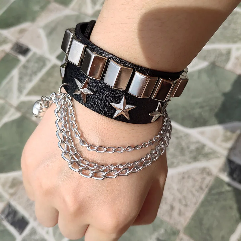 Black Leather Wristband Bracelet Cuff goth gothic bar punk bracelets women men armbands cosplay can be adjusted jewelry leather bracelet