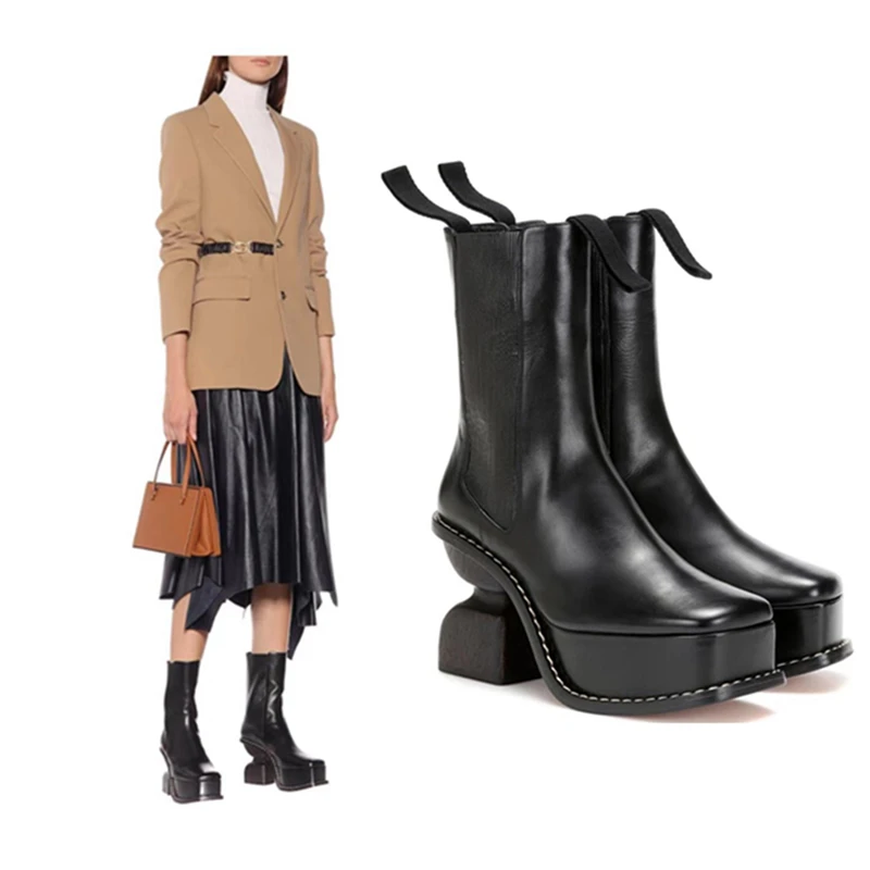 

2019 new arrived women Square-headed high-heeled platform boots strange style heels Chelsea boots with high Martin boots