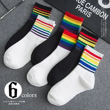 

Women Socks Hot Fashion Middle tube socks Rainbow Color Stripe Black White Warmth Socks Cute Socks All Cotton