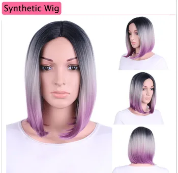 

MUMUPI Middle Part 12inch Japanese High Temperature Fiber Synthetic Short Ombre Black Gray Purple Color Bob Wig for Women