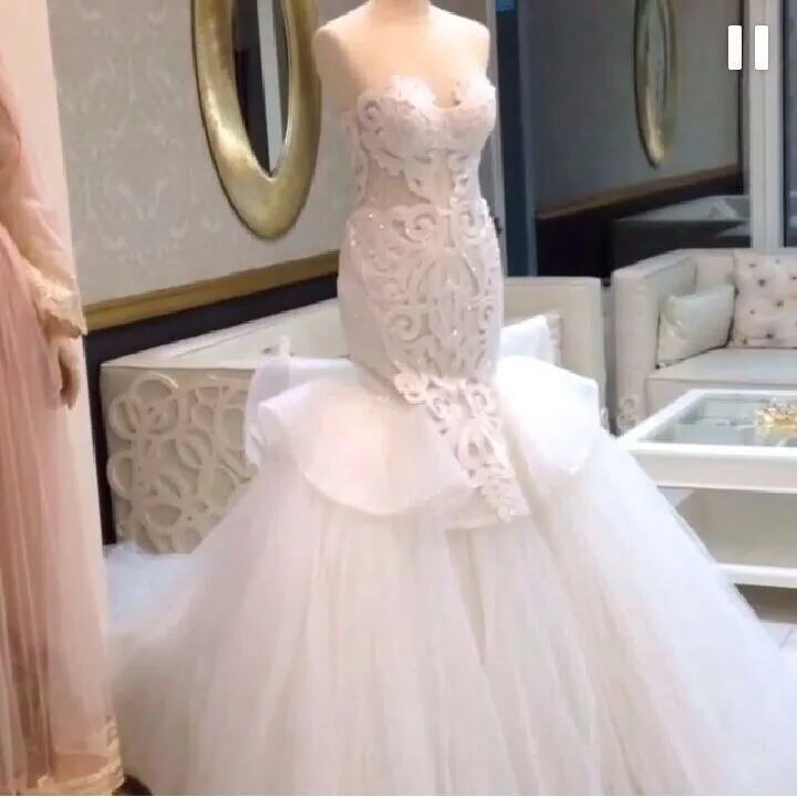 

2015 Glamorous Arabian Design Sweetheart Appliqued Beaded Floor Length Tulle Mermaid Wedding Dresses
