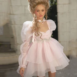 Light Pink Cute Girl Cocktail Dresses A-line Chiffon Backless Mini Dress Prom Dress Long Sleeves  Ball Gown With Sequins Beaded