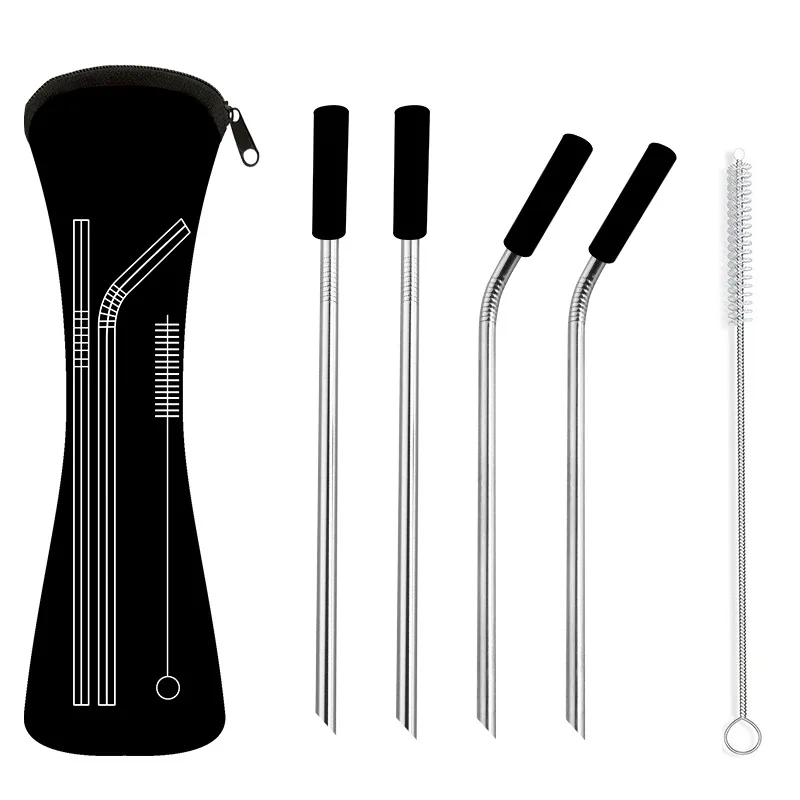 Black 6pcs Tofok 6 шт Металлический Набор соломинок для напитков с силиконовым чехлом сумка щеточка для очистки, многоразовая изогнутая прямая соломинка портативный бар вечерние поставки - Цвет: Black 6pcs