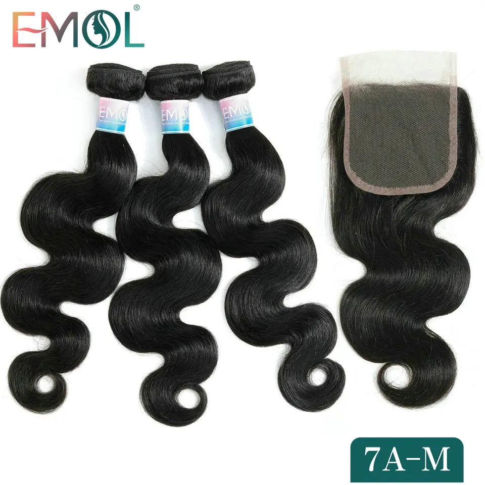

EMOL Indian Body Wave 3 Bundles With Closure Non-Remy Hair Human Hair Bundles With Closure 7A Medium Ratio