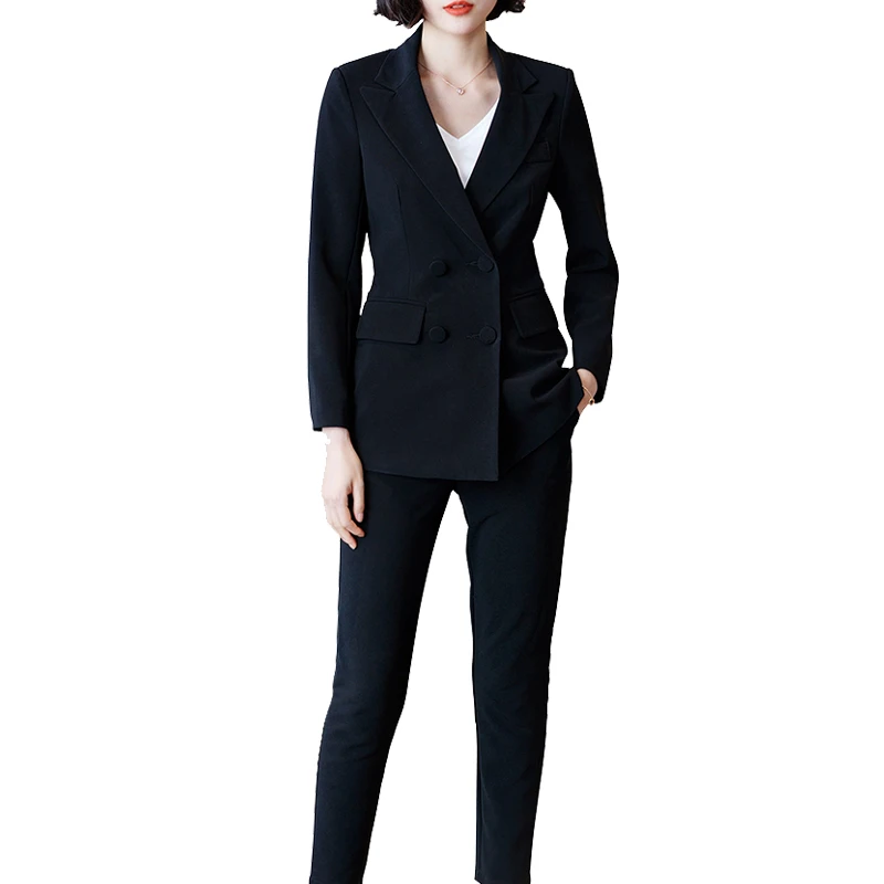 Black Pantsuits Женские костюмы с блейзером из двух частей, однотонные деловые брючные костюмы, двубортные офисные женские рабочие костюмы - Цвет: Black Pantsuits