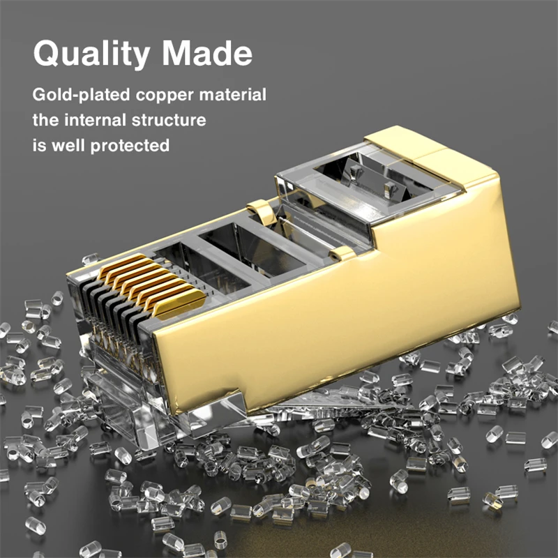 Защитный модульный разъем AMPCOM RJ45 CAT5E, обжимный Концевой Кабель Ethernet 8P8C, Позолоченный разъем 50U Защитный модульный разъем AMPCOM RJ45 CAT5E, обжимный Концевой Кабель Ethernet 8P8C, Позолоченный разъем 50U