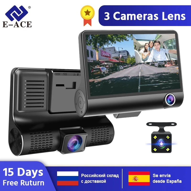 R$103.48 72% de desconto|E ACE carro dvr 3 câmeras lente 4.0 Polegada traço câmera dupla lente com câmera retrovisor gravador de vídeo auto registrador dvrs traço cam-in DVR/Câmera Dash from Automóveis e motos on AliExpress 