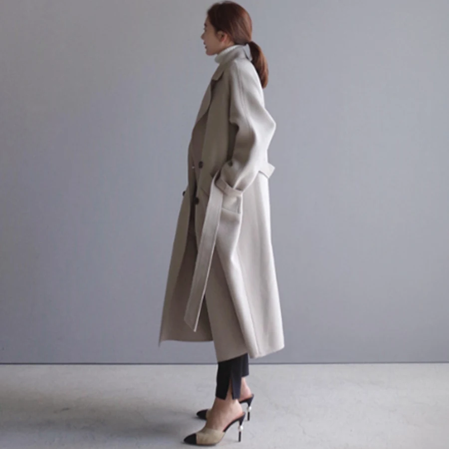 Зимнее длинное кашемировое пальто с поясом, женское однотонное свободное шерстяное пальто из смешанной ткани на шнуровке, женское теплое шерстяное пальто в Корейском стиле, осенняя верхняя одежда