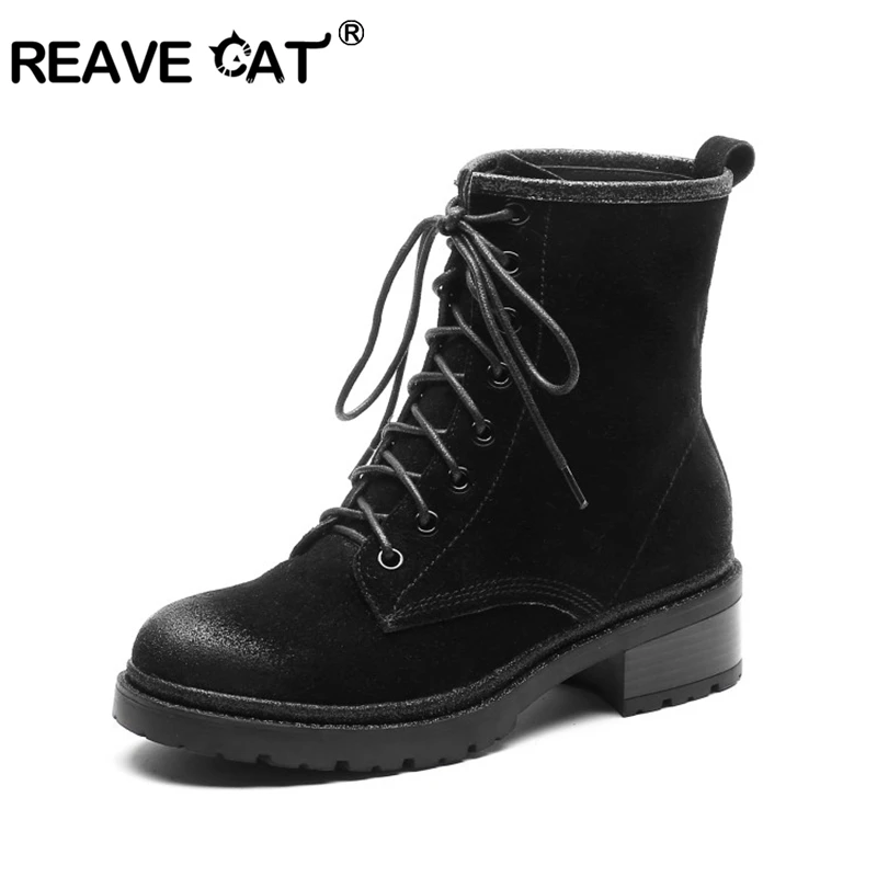 

REAVE CAT Winter's Hiking Boots Genuine leather cow suede Retro motorcycle Boots med thick heels black Gray Shoes big size 41